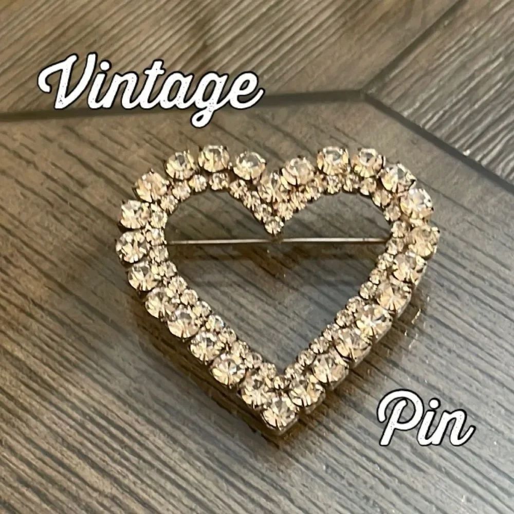 Vintage Double Row Rhinestone Open Heart Brooch - Silver-tone